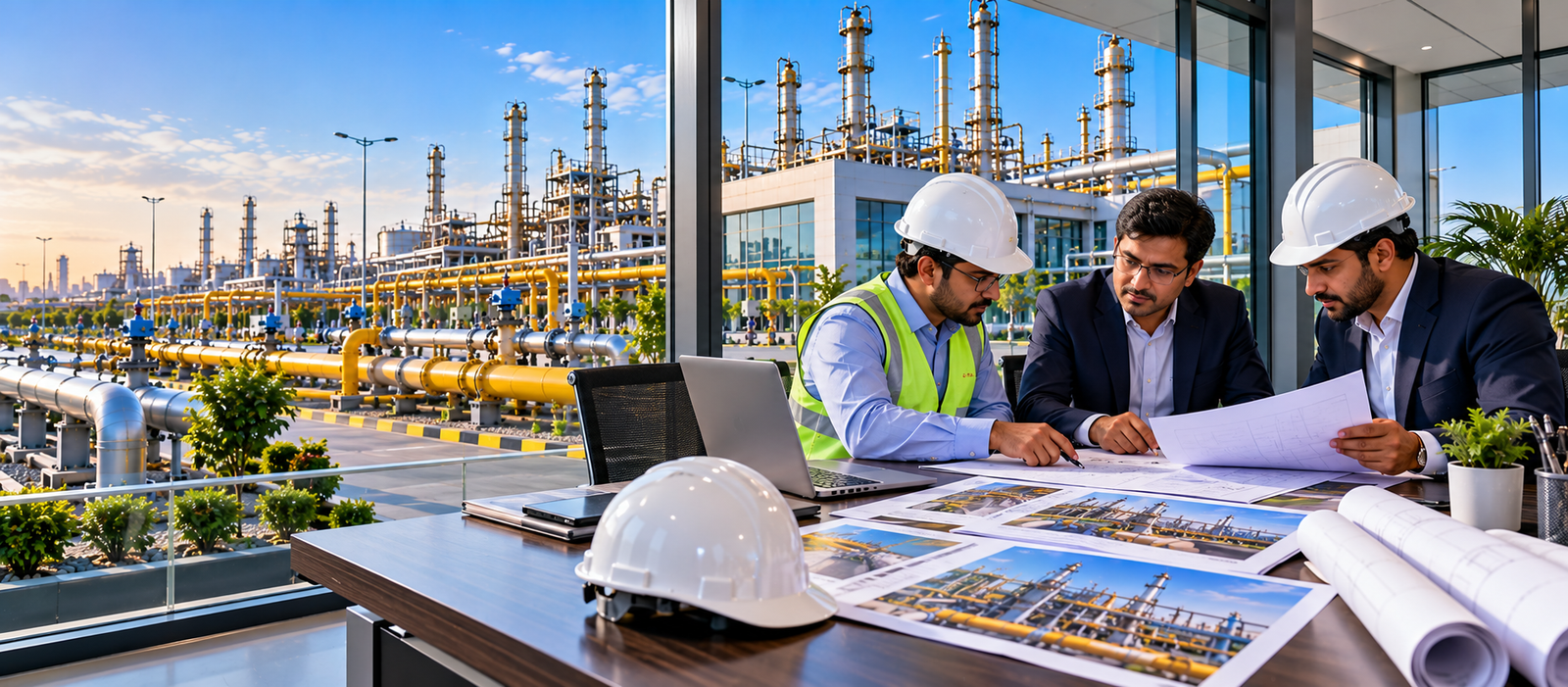 Energy-sector professionals reviewing technical documents at a modern gas distribution facility