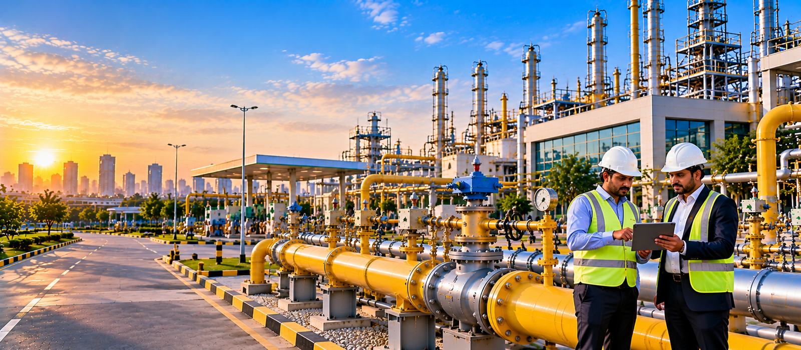 City gas distribution infrastructure with professionals discussing a corporate partnership
