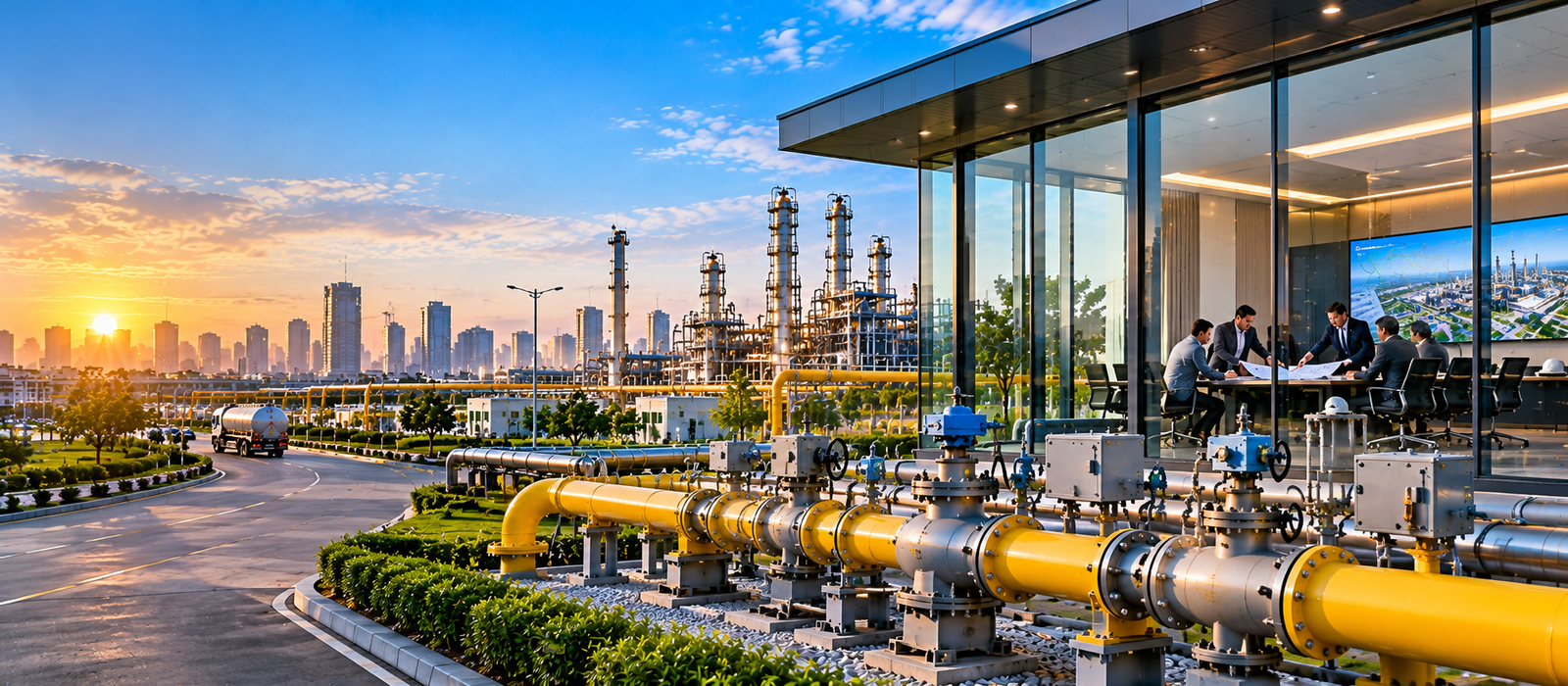 Energy industry leadership reviewing city gas distribution infrastructure and corporate strategy